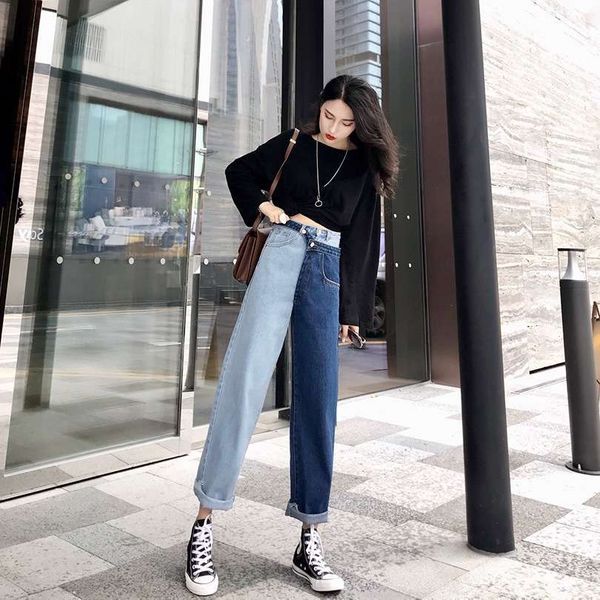 

autumn 2020 new korean fashion fake two piece color contrast stitching jeans women's hong kong style straight pants, Blue