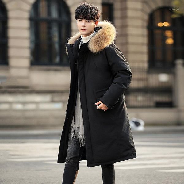 

winter new down jacket men's middle and long knee length warm young couple hooded loose outdoor student coat1, Black