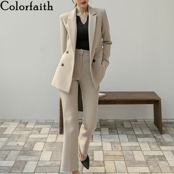 

colorfaith new autumn winter women's sets 2 piece matching wide leg pants casual high waist elegant office lady suit ws2024 201119, White
