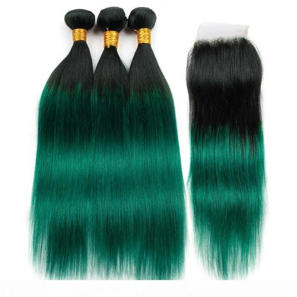 

темно-зеленый ombre straight индийских человеческих волос 3bundles с closure 4шт лот № 1б зеленый черный корни ombre weave связки с lace clo, Black