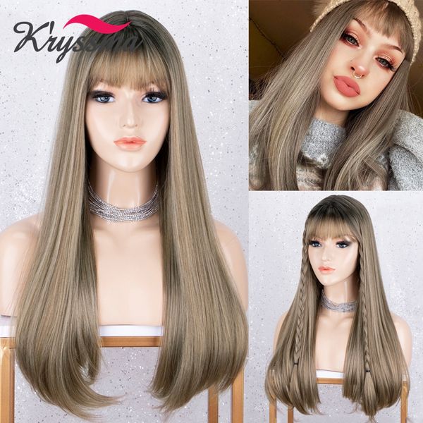 

lx brand brown blonde wig with bangs long straight hair synthetic wig honey blonde cosplay wigs for women heat resistant fiberfactory direct, Black