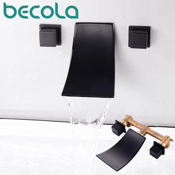 

bathroom sink faucets becola basin set 3 hole waterfall black brass double cross handle wall mounted faucet cold tap in-wall