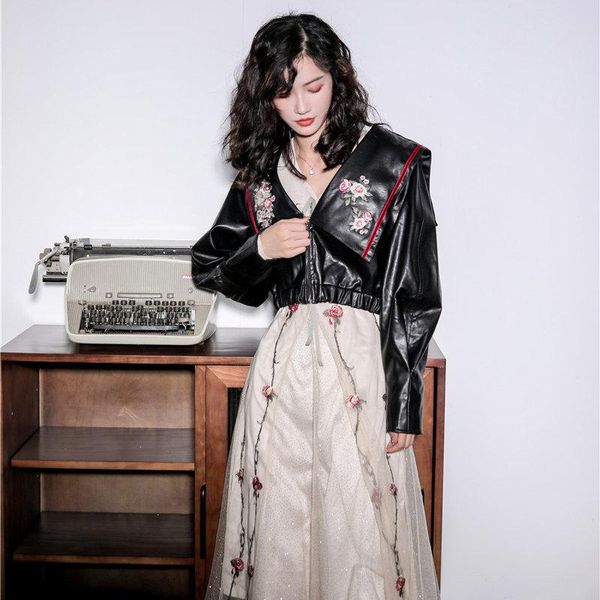 

women's leather & faux hzirip chic starsky embroidered navy collar 2021 black large size high waist streetwear quality loose jacket