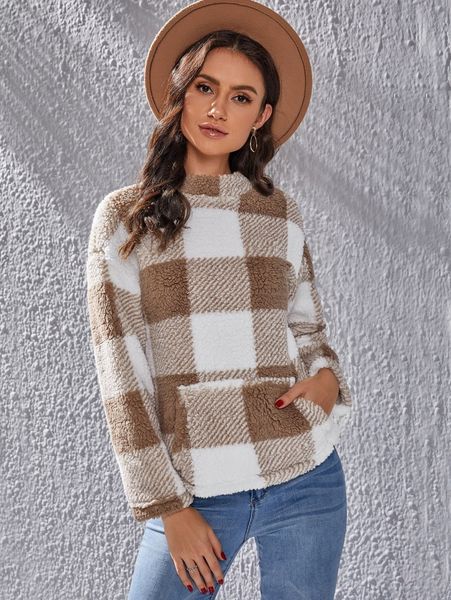 

buffalo plaid print drop shoulder flannel sweatshirt c8ub#, White;black