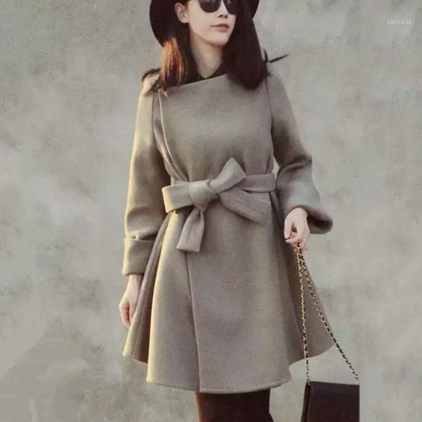 

casual round collar women elegant coats winter lace up warm long coats1, Black