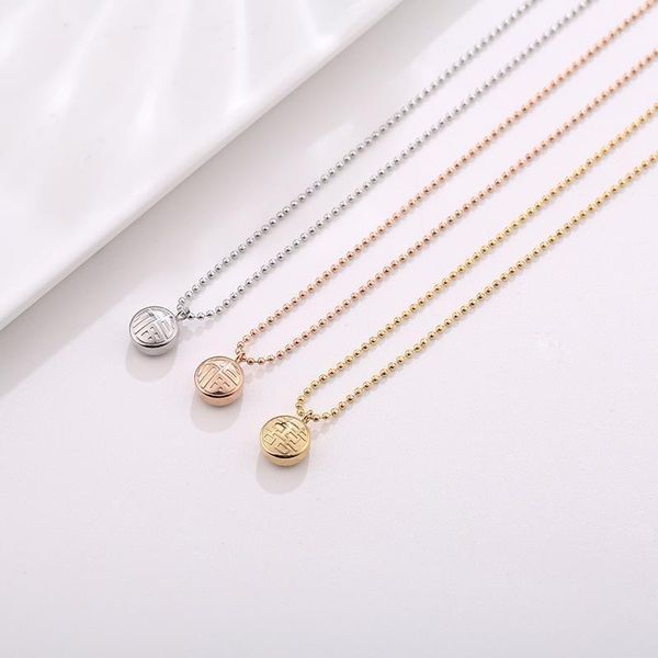 

pendant necklaces double-sided chinese lucky words for women stainless steel jewelry, round necklace beads chain collares 20211, Silver