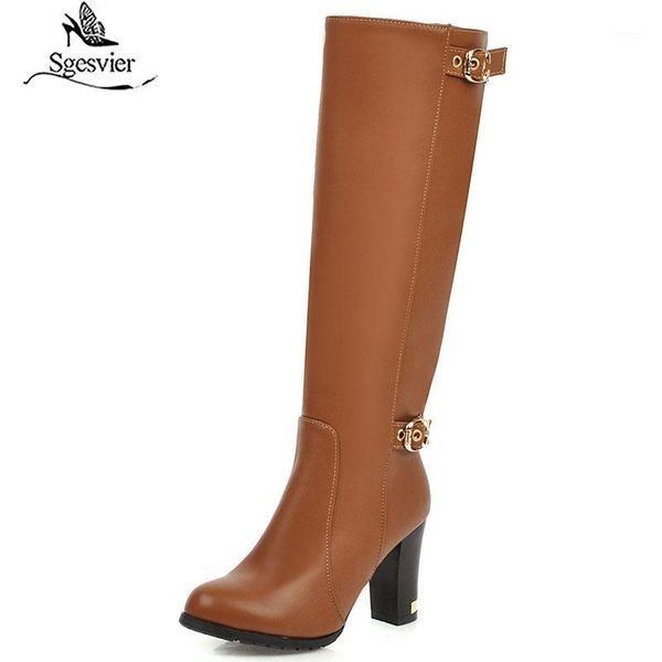 

sgesvier 2020 new arrival dress party shoes women knee high boots buckle thick high heels shoes autumn winter boots female g8091, Black