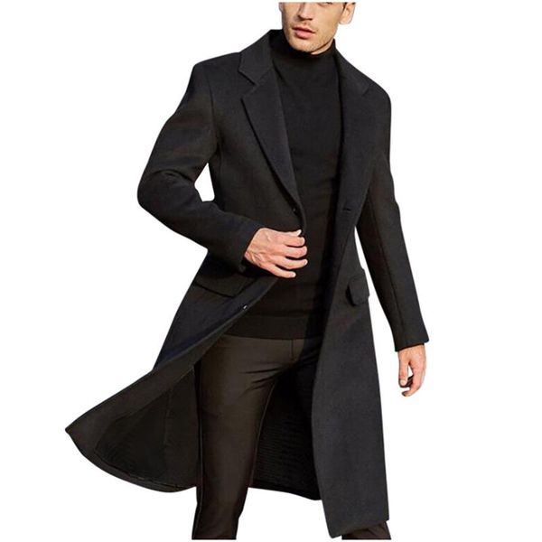 

men's british style solid color long coat fashionable warm woolen overcoat fashionable gentleman men's jacket men clothing daige, Black