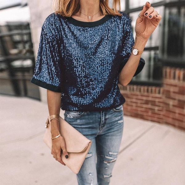 

women's sequin glitter short sleeve tunic shimmer party tunic t-shirt sparkle tees (s-xl, White