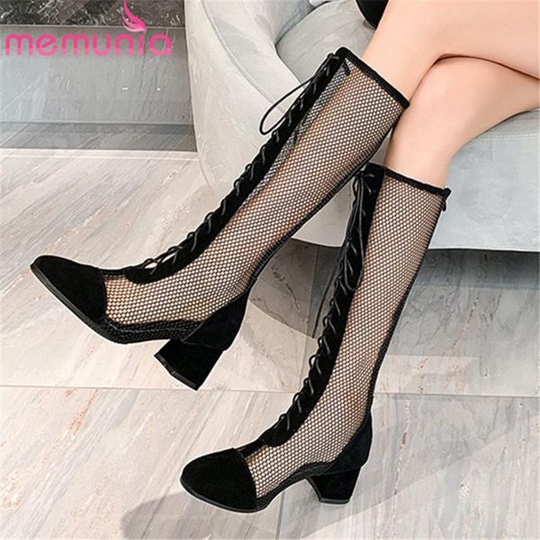 

boots memunia 2021 knee high women suede leather thick heel casual party shoes fashion mesh ladies black