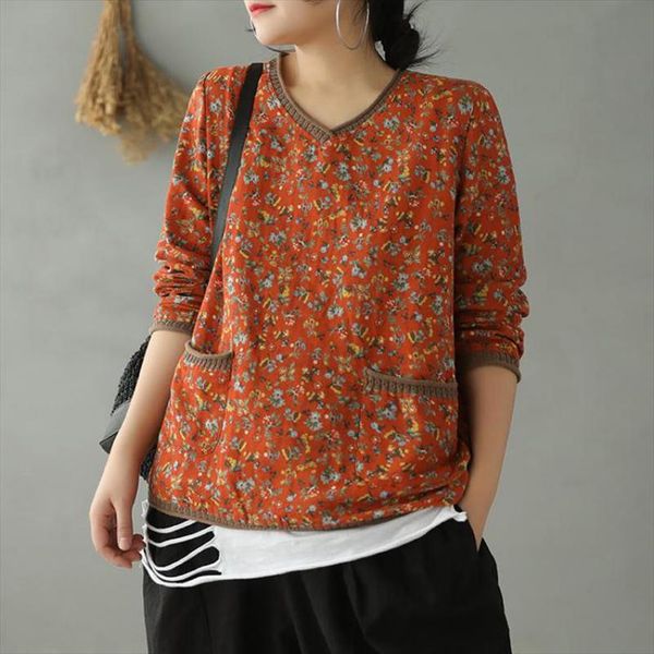 

vintage t shirt print v neck 2020 new spring women clothes pockets full sleeves all match concise ladies t shirt, White