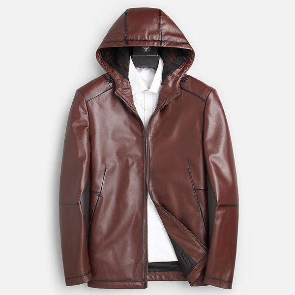 

new autumn winter men windbreaker hooded male outwear warm motorcycle leather jacket, Black