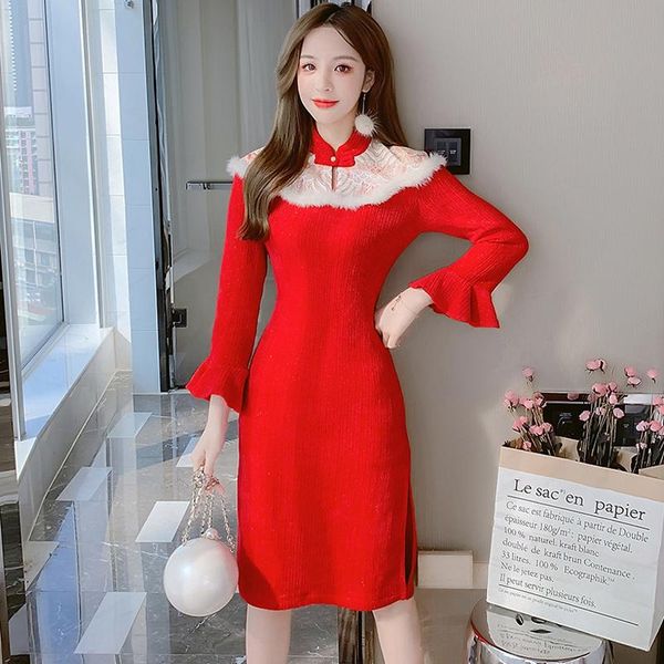 

red knitted dress women's autumn and winter 2021 new white fur and lace stitching sweater dresses bottoming winter dress, Black;gray