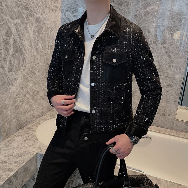 

2021 spring new men's youth slim lapel leather woven fashion jacket, Black;brown