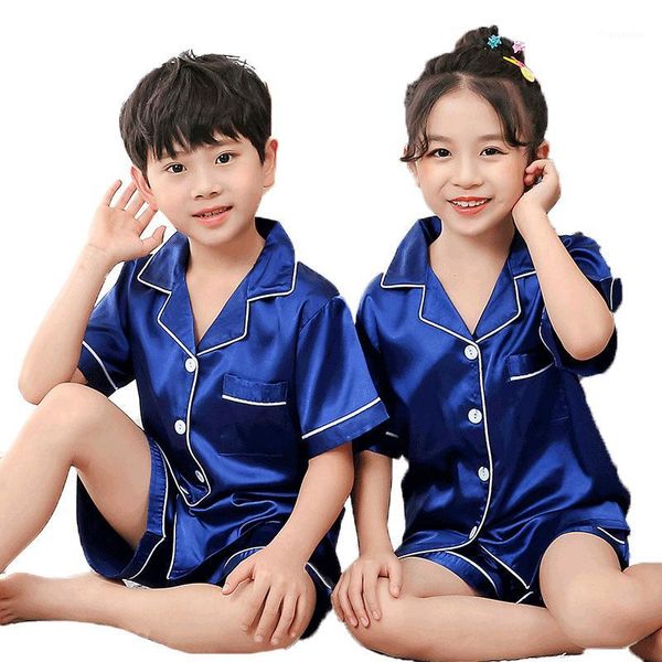 

girls pajamas set summer short sleeve children's sleepwear set fake silk pajamas boy pyjamas sets for kids children's day gift1, White