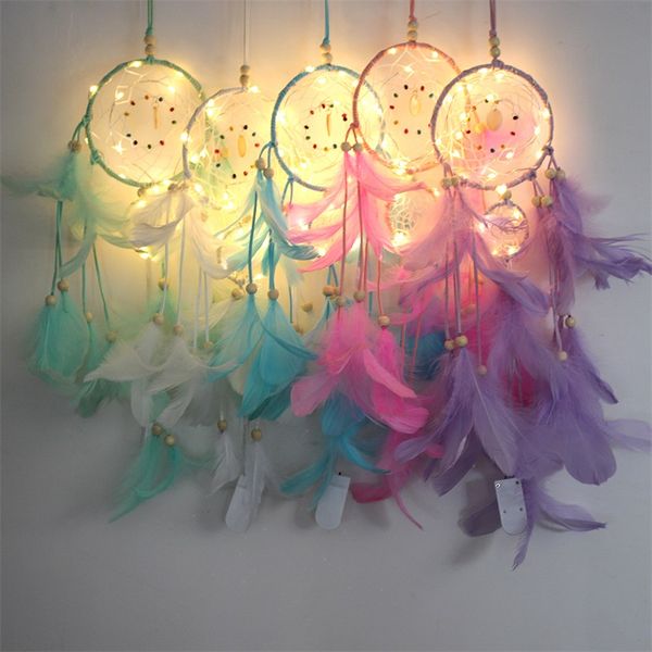 LED Light Dream Catcher Two Rings Piuma Dreamcatcher Wind Chime Decorativo Wall Hanging Multicolor Vendita calda 12ms J2