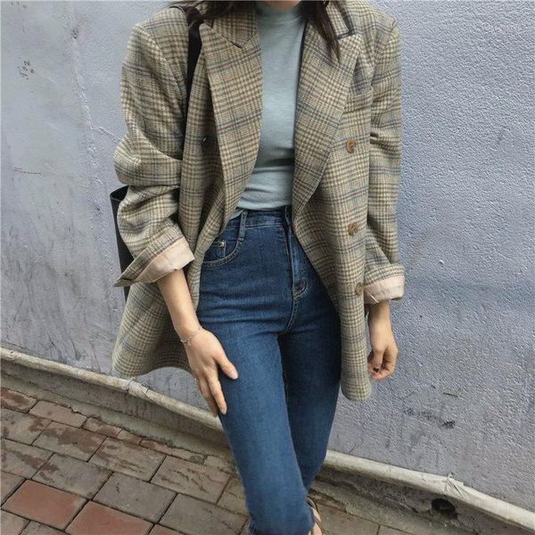 

hzirip vintage preppy style houndstooth woolen casual 2020 femme fashion blazer loose elegant retro slender office lady coat1, White;black