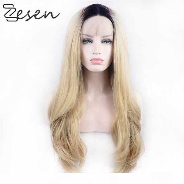 

zesen ombre blonde natural wave synthetic wig heat resistant lace front wigs transparent lace 13x4 lace wig with baby hair, Black