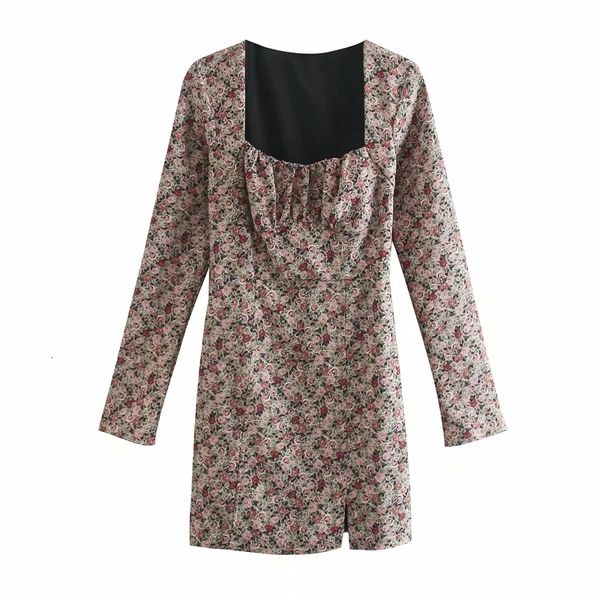 

2021 new vintage floral print mini women square neck long sleeve chest pleated dresses ladies hem front slit elegant dress mebr, Black;gray