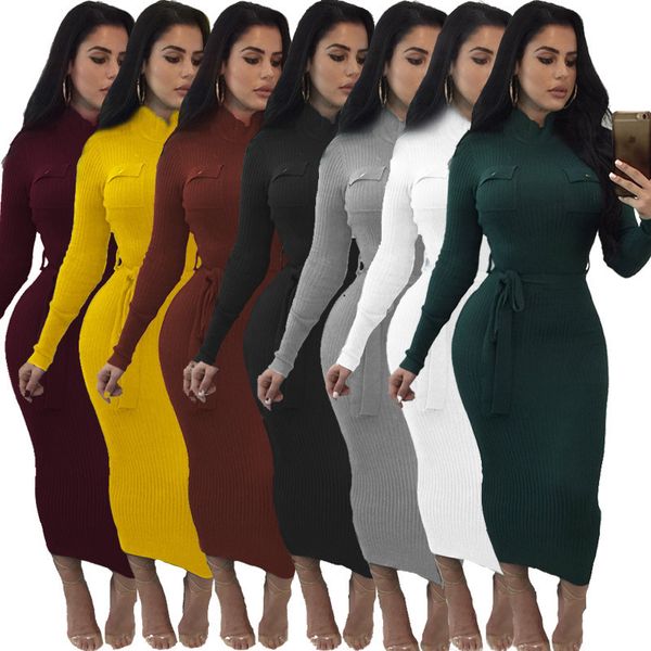 Vestito estivo Delle Donne 2020 Manica lunga Dolcevita Dolcevita Lavoro Indossare Abito da ufficio Abito da ufficio Bianco Giallo Nero Verde Robe Longue Bandage Dress T200707