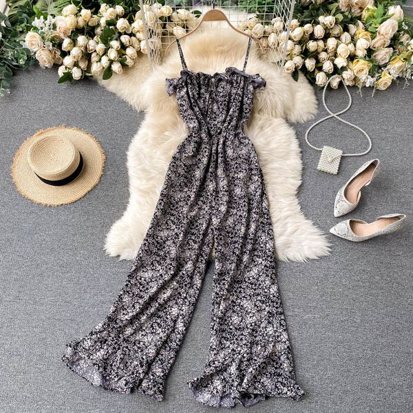 

2021 new female floral singiny strap summer fashion design off the shoulder drooling wide long overalls n5ej, Black;white