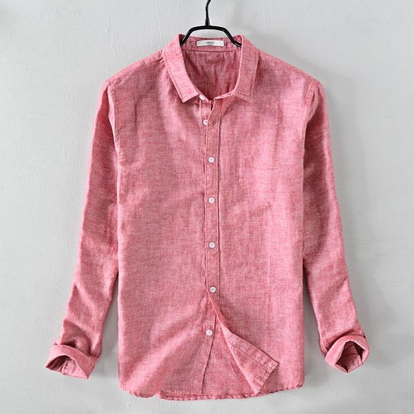 

men's casual shirts brand long-sleeved linen shirt men solid coral red mens spring autumn cotton male designer chemise homme, White;black