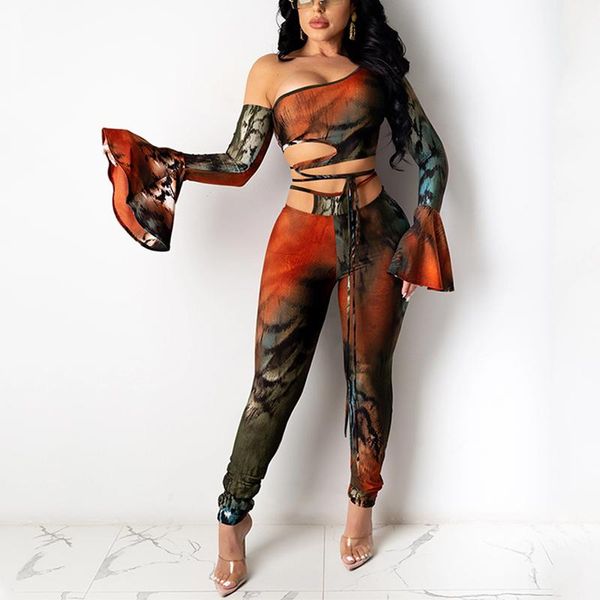 

print 2 piece sets womens outifts long flare sleeve crop and pants matching sets, Gray