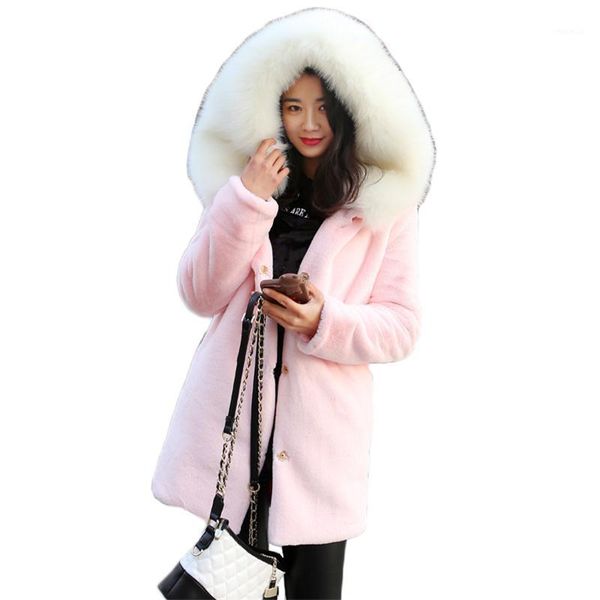 

faux coat women pink white loose fur collar hooded jacket 2020 new autumn winter fashion long warmth clothing ld7501, Black