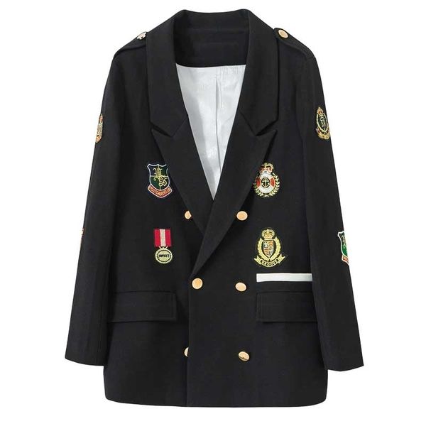 

new spring and autumn casual black suit women blazers mid-length medal embroidery clothing lady 201114, White;black