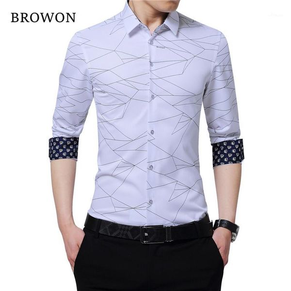 

browon mens dress shirts men shirt long sleeve geometric print party shirt handsome fashion blouse for man1, White;black