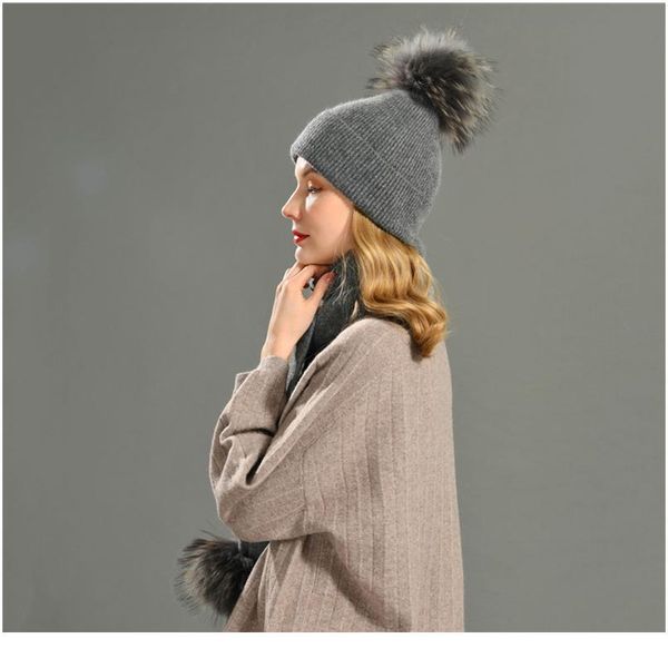 

new cute real raccoon fur pom poms cashmere knit beanie hat and scarf set winter thicken hedging beanies and scar jllsjk