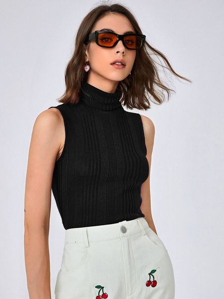 

solid high neck ribbed knit tank v9mj#, White