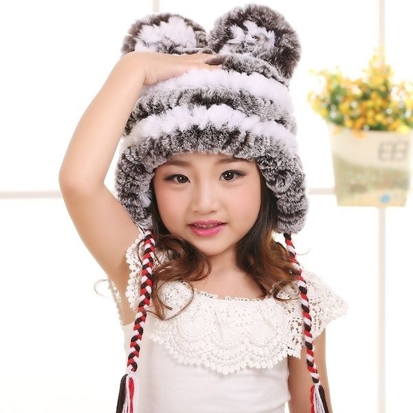 

kids fur hats of natural rex rabbit fur boy girl warm kid winter hats earflap pilot white fur hat knit bunny rabbit ear caph219 y200110, Blue;gray