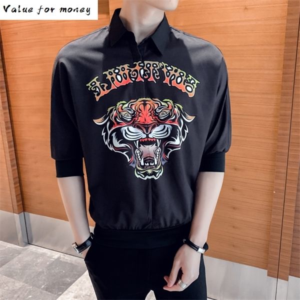 

male shirs social slim fit pollover chemise homme camisa tiger print shirt men summer half sleeve casual streetwear c1211, White;black