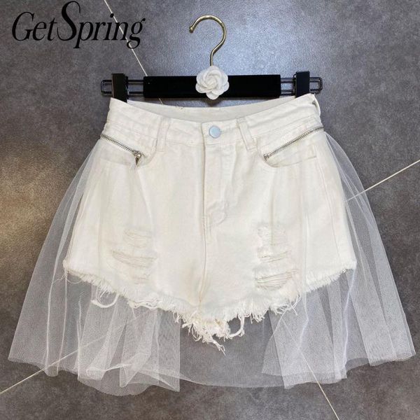 

getspring women shorts white denim shorts removable mesh spliced holes zipper short jean 2ways wearing 2020 new arrival xl, White;black