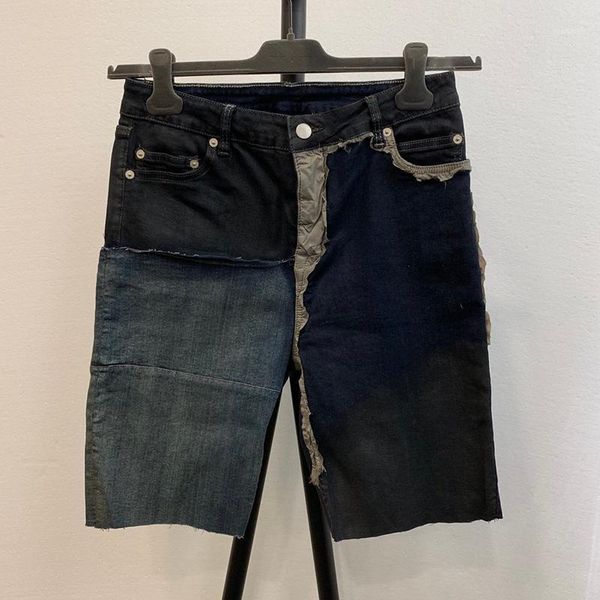 

sureme 2020 special cut patchwork men knee-length jeans ro style men denim shorts black blue stitching jeans1