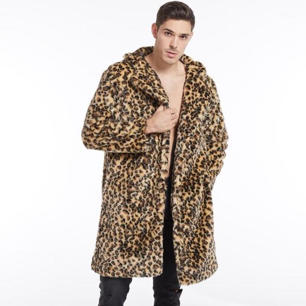 

man winter keep warm faux fur coat plus size loose fashion long sleeve leopard print thicken imitation fur turn-down collar coat1, Black