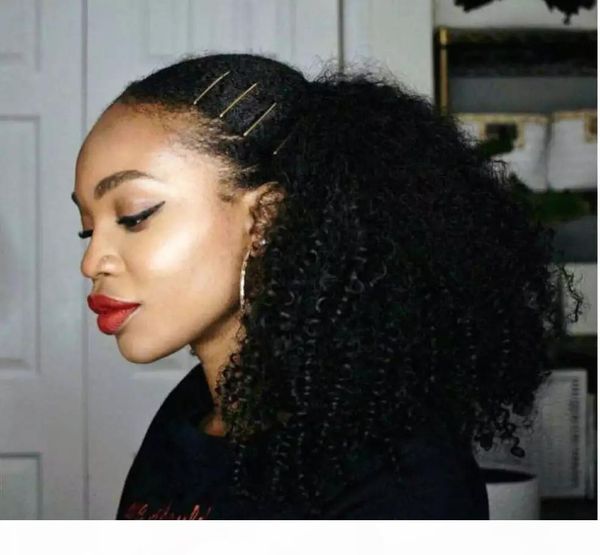 

2019 new natural hair ponytail piece afro kinky curly puff human hair ponytail extension clip in virgin hair drawstring ponytail 140g 16inch, Black