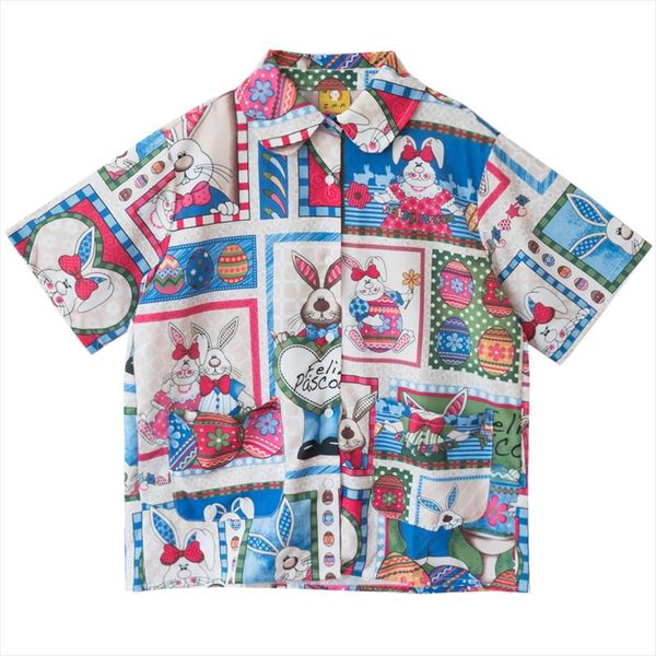 

vintage design sweet women blouse cartoon garland rabbit printing short sleeve ladies summer shirt drop shipping, White