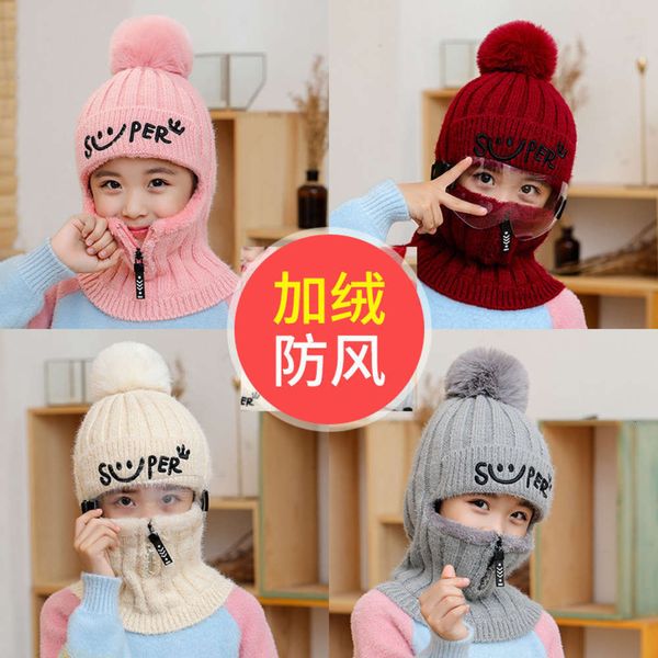 

outdoor women's autumn ear plush protection children's and warm neckband integration boy's winter windproof wool knitted hat, Red;brown