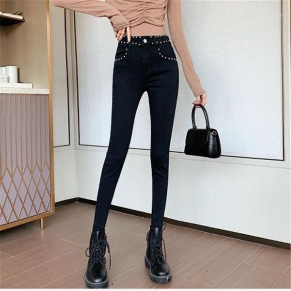 

fashion women jeans pearls spring 2020 high waist women denim pants skinny casual female cowboy pencil pants solid color m4321, Blue