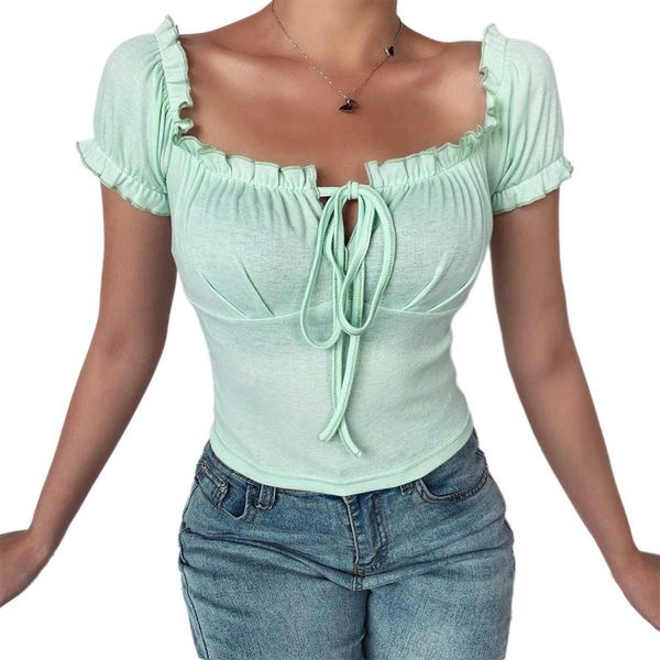 

women's chest lace up pleated t-shirt french solid color slim short sleeve, White
