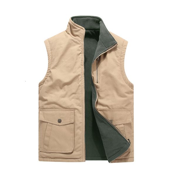 

men's pure double-sided waistcoat with for warmth large stand collar shoulder fleece cotton vest multi pocket men, Black;white