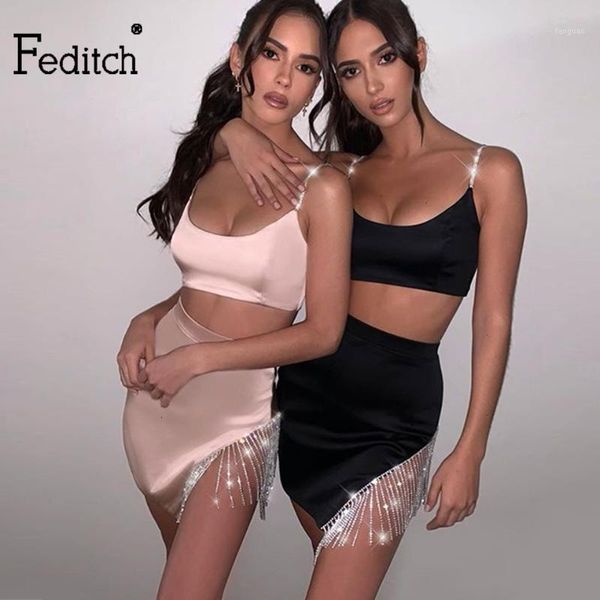 

feditch 2020 new glitter 2 piece party dress bodycon backless sleeveless club evening sets mini dress ladies women set1, White