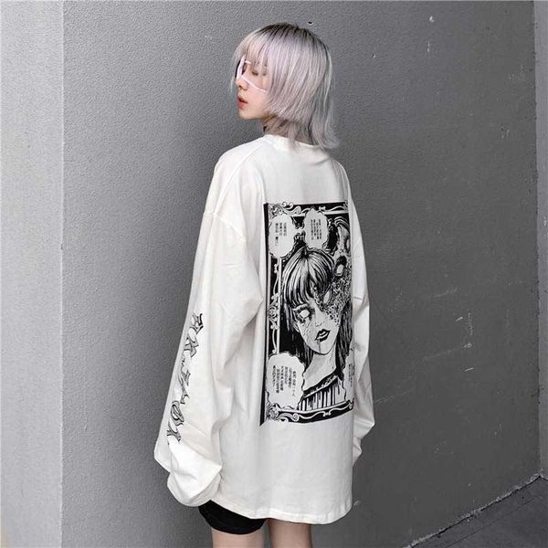 

nicemix cartoon horror graphic t-shirt women character print loose punk japanese t shirts pullover harajuku street tees y200412, White