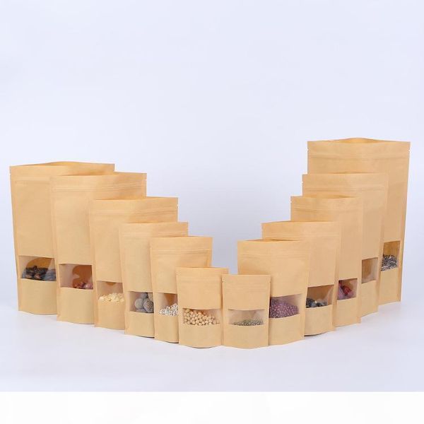 

100шт бумажный мешок упаковки крафт бумаги window мешок подарок сушеные фрукты упаковка мешки zipper уплотнительные мешки