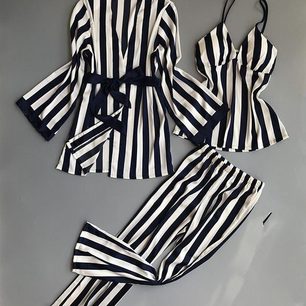 

women pajamas set satin sleepwear 3 pieces spaghetti strap stripe parttern lingerie silk pijama home clothing pyjama y200107, Black;red