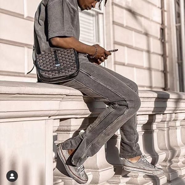 

2021 new ankle split side striped casual pants mens drawstring oversize solid washed baggy sweatpants high street loose trousers 9ysi, Black