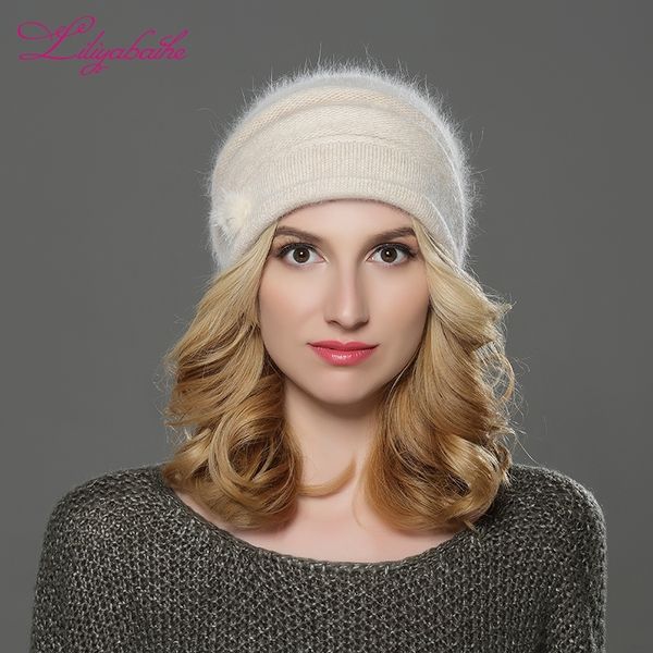 

liliyabaihe new style women winter beanies hat knitted wool angora hats mink balls and pearl decoration cap double warm hat y200102, Blue;gray