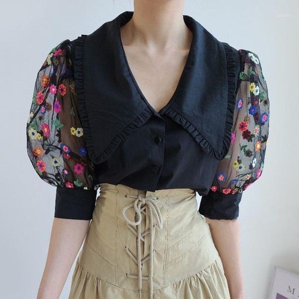 

women's blouses & shirts [ewq] summer 2021 single-breasted ladies and korean style fashion women stitching mesh embroidered shirt1, White